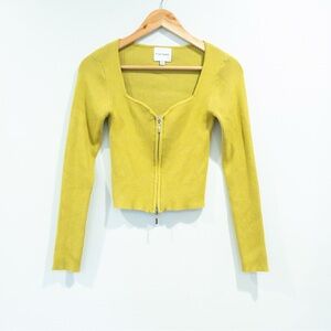 Pink Rose Yellow Green Ribbed Double Zip Crop Sweetheart Neckline Sweater XS